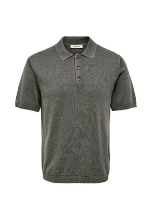 Dunkelgraues Polohemd mit kurzen Ärmeln, Kragen und drei braunen Knöpfen, gerippte Kanten an Ärmeln und Saum, Markenetikett innen am Kragen.