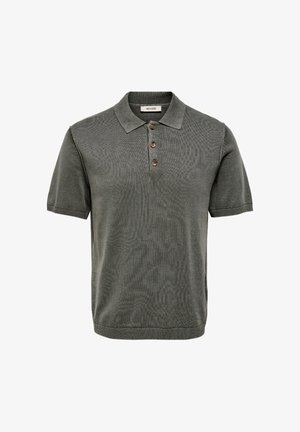 Dunkelgraues Polohemd mit kurzen Ärmeln, Kragen und drei braunen Knöpfen, gerippte Kanten an Ärmeln und Saum, Markenetikett innen am Kragen.