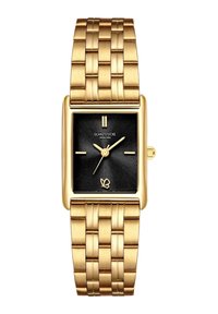 Orologio rettangolare color oro con quadrante nero texturizzato, lancette sottili dorate e un bracciale a maglie coordinato. Presenta due indici ore in oro.