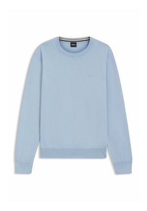 Lichtblauwe trui met lange mouwen en ronde hals, met geribbelde manchetten en zoom, kleine geborduurde "BOSS"-logo op de borst.