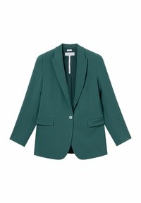 Blazer teal au design ajusté, avec des revers crantés, fermeture à un seul bouton, deux poches avant et une texture lisse et structurée.