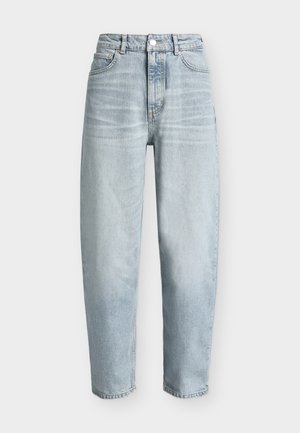 Light blue denim jeans with a high waist, straight leg, and faint whiskering. Features front pockets and a classic metal button closure.