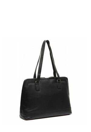 Zwarte leren totebag met dubbele schouderbanden en een ritssluiting aan de bovenzijde, rechthoekige vorm met subtiele merkembossing aan de voorkant.