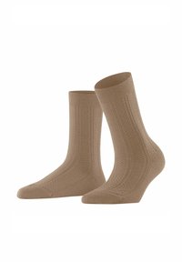 Braune Strümpfe aus Wolle mit strukturiertem Design, geripptem Bündchen und verstärkter Zehenpartie; vielseitig für legere Outfits oder zum Tragen unter Schuhen.