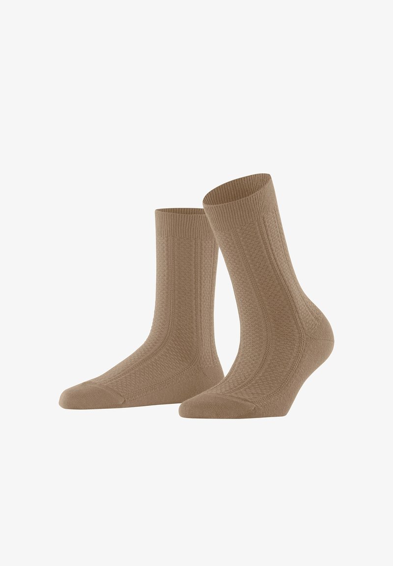 Braune Strümpfe aus Wolle mit strukturiertem Design, geripptem Bündchen und verstärkter Zehenpartie; vielseitig für legere Outfits oder zum Tragen unter Schuhen.