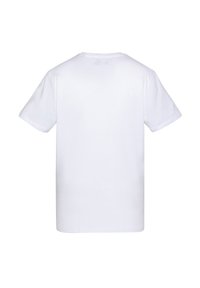 Camiseta de algodón blanca con un clásico cuello redondo y mangas cortas. La tela es suave, con un diseño minimalista y sin logotipos visibles.