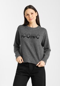 Grijze gebreide trui met het woord "ICONIC" in het zwart, lange mouwen, geribbelde boorden en een licht cropped zoom. Draagt het met zwarte jeans.
