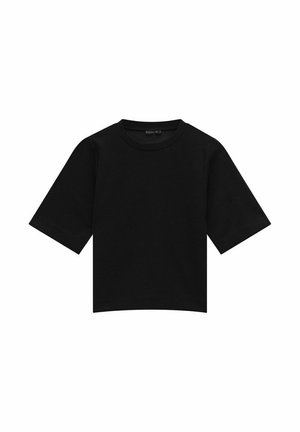 Svart kortärmad t-shirt i mjukt material. Har rund hals och en avslappnad, boxig passform. Slät textur utan synliga mönster eller detaljer.
