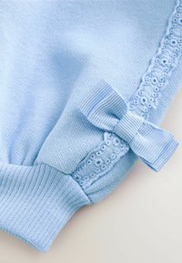 Gaiši zila džemperis ar strukturētu adījuma audumu, elastīgiem piedurkņu galiem un nelielu loku detaļu šuvē ar dekoratīvām dūrienām.