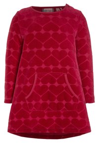 Puna fleece punainen mekko, jossa on sydänkuvio, pitk�ät hihat, pyöreä pääntie ja etutasku. Pehmeä tekstuuri ja tasainen värisuunnittelu.