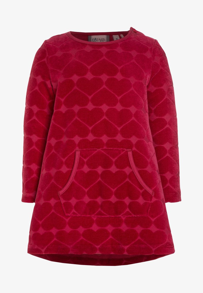 Czerwona sukienka z polaru z wzorem serc, długimi rękawami, okrągłym dekoltem i kieszenią z przodu. Miękka struktura i jednolity kolor.