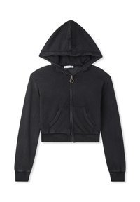 Felpa nera tagliata, realizzata in tessuto morbido, con una cerniera frontale dotata di un tirante circolare, due tasche anteriori e un cappuccio regolabile con cordino.