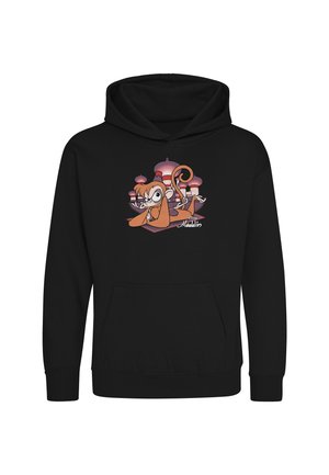 Sort hættetrøje med en tegneserieabe fra Aladdin på et magisk tæppe, med stiliserede paladskupler i baggrunden.