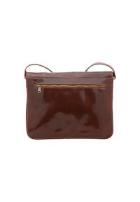 Borsa a tracolla in pelle marrone con una finitura lucida, dotata di una tasca frontale con zip e due spallacci regolabili. Design rettangolare.