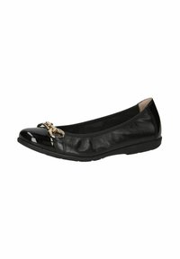 Ballerine in vernice nera con punta arrotondata, caratterizzata da un dettaglio in catena dorata e un corpo in tessuto nero strutturato. Suola in gomma per una buona aderenza.