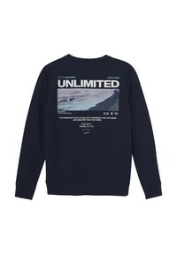 Mörkblå sweatshirt med rundhals och långa ärmar. Framsidan har en grafisk tryck med ordet "UNLIMITED" och havsbilder.
