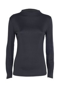 Maglietta a maniche lunghe a coste grigia scura con colletto alto. Presenta un design aderente e una texture liscia. Nessuna ferramenta o motivo visibile.