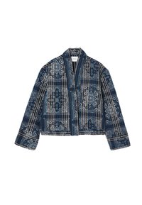 Veste courte en tissu bleu foncé avec des motifs géométriques blancs. Elle dispose d'un large col et de manches longues, avec des accents bleus contrastés.