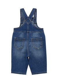 Denim tuinbroek met verstelbare banden, donkerblauwe kleur, twee achterzakken en een aansluitend ontwerp met een zoom die boven de knie eindigt.