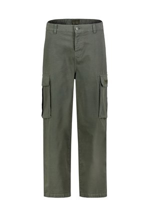 Cargo-Hose in Olivgrün mit geradem Bein, seitlichen Klappentaschen, Gürtelschlaufen und Knopfverschluss in der Taille.