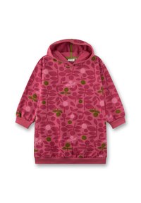 Rosa Kapuzen Sweatkleid mit langen Ärmeln, gerippten Bündchen und Saum, das ein abstraktes Blumenmuster in Rosa, Rot und Grün aufweist.