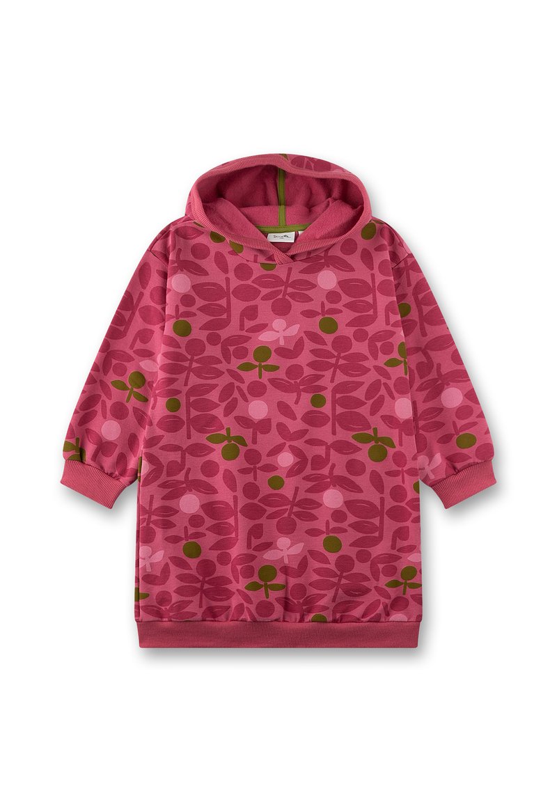 Rosa Kapuzen Sweatkleid mit langen Ärmeln, gerippten Bündchen und Saum, das ein abstraktes Blumenmuster in Rosa, Rot und Grün aufweist.