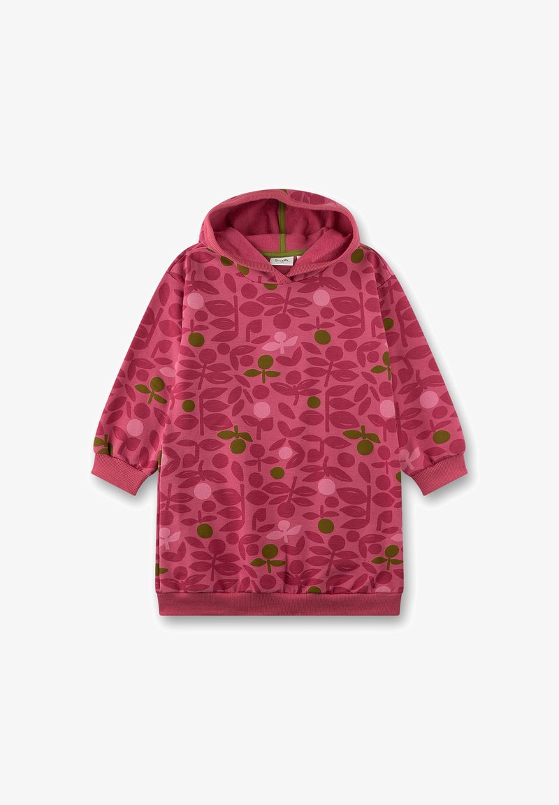 Rosa Kapuzen Sweatkleid mit langen Ärmeln, gerippten Bündchen und Saum, das ein abstraktes Blumenmuster in Rosa, Rot und Grün aufweist.
