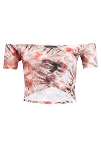 Kortärmad off-the-shoulder crop top i ett batikmönster med nyanser av röd, svart och vit. Lätt och stretchigt tyg.