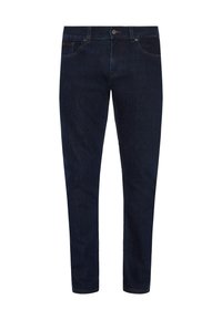 Mörkblå denimjeans med smal passform. Har standard femficksdesign, knappstängning och subtila sömnadsdetaljer på fickorna.