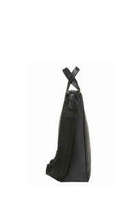 Sac à bandoulière noir en matière synthétique lisse, doté d'un fond plat, de deux poignées et d'une fermeture éclair sur le dessus.