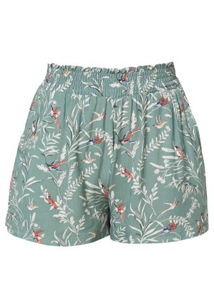 Shorts verts à taille élastique avec des motifs de feuilles blanches et d'oiseaux colorés sur tout le tissu.