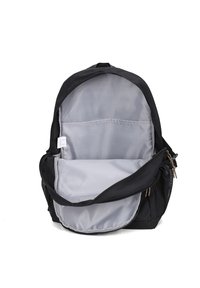 Zaino nero con interno grigio, dotato di un compartimento principale, una tasca frontale e tasche laterali in rete. Chiusura con zip e materiale in tessuto.