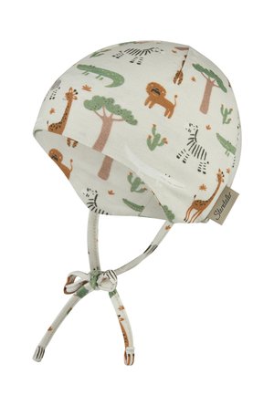 Baby bonnet with ties, featuring printed giraffes, lions, zebras, crocodiles, trees, and cacti in muted green, brown, and orange tones.