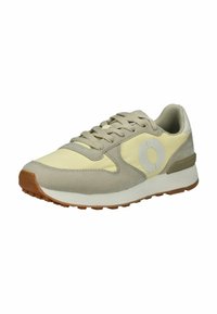 Sneaker beige chiaro e giallo con tomaia in suede e mesh, punta arrotondata, design con lacci e suola in gomma con battistrada testurizzato.