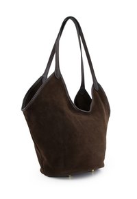 Brązowa torba tote z zamszu z ciemnymi skórzanymi wykończeniami. Posiada dwa paski na ramię, przestronną komorę wewnętrzną oraz metalowe nóżki dla stabilności.