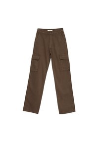 Bruine cargobroek met een recht gesneden model, voorzien van vier zakken, lussen voor een riem en een ritssluiting. Gemaakt van duurzaam katoen.