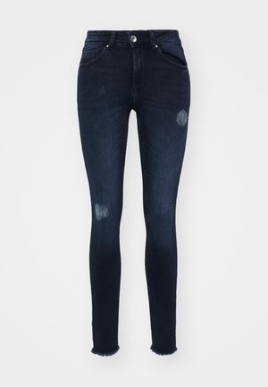 Mørkeblå skinny jeans laget av denim, med ripped kne-detaljer, en frynset kant, fem lommer og knappelukking.