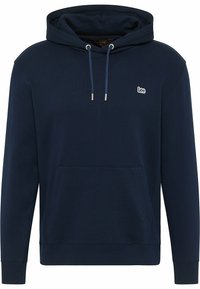 Felpa blu navy realizzata in tessuto morbido, con tasca frontale, cappuccio regolabile con cordino e piccolo logo ricamato sul petto.