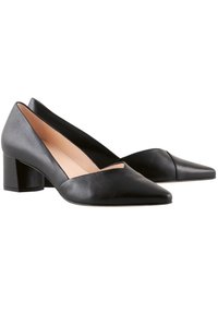 Black leather block-heeled pumps with a pointed toe and v-shaped cutout design on the front. Smooth texture with a sleek finish.