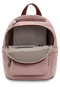 Zaino con motivo a spina di pesce rosso e bianco, con apertura superiore con cerniera, fodera in tessuto marrone e tasca frontale. Sembra strutturato e compatto.