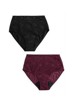 Two high-waist lace panties, one black and one burgundy, featuring floral patterns and solid inner fabric sections.
