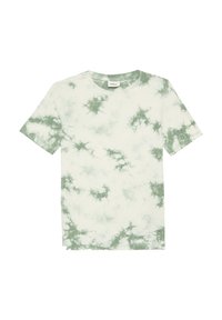 Kurzärmliges T-Shirt in hellem Creme mit grünem Batikmuster, Rundhalsausschnitt und weichem Baumwollmaterial.