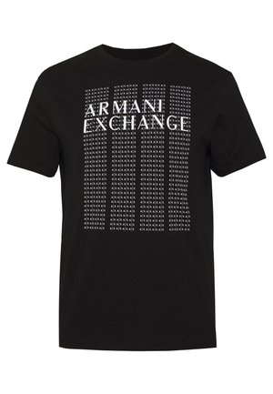 T-shirt noir en coton avec le texte "ARMANI EXCHANGE" en blanc, accompagné de motifs géométriques répétitifs imprimés en arrière-plan.