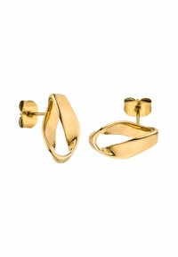 Boucles d'oreilles en métal doré avec un design abstrait et torsadé, affichant une texture lisse et polie. Équipées d'une attache sécurisée pour le port.