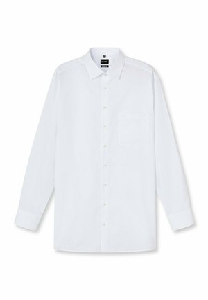 White long-sleeve shirt, button-up front, collared neck, single chest pocket, made from smooth fabric, with subtle texture and classic style.