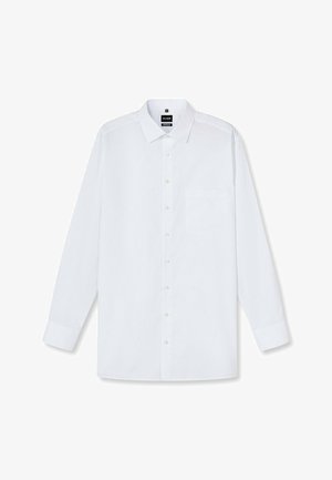 Weißes Langarmhemd, mit Knopfleiste, Kragen, einer Brusttasche, aus glattem Stoff, mit subtiler Textur und klassischem Stil.