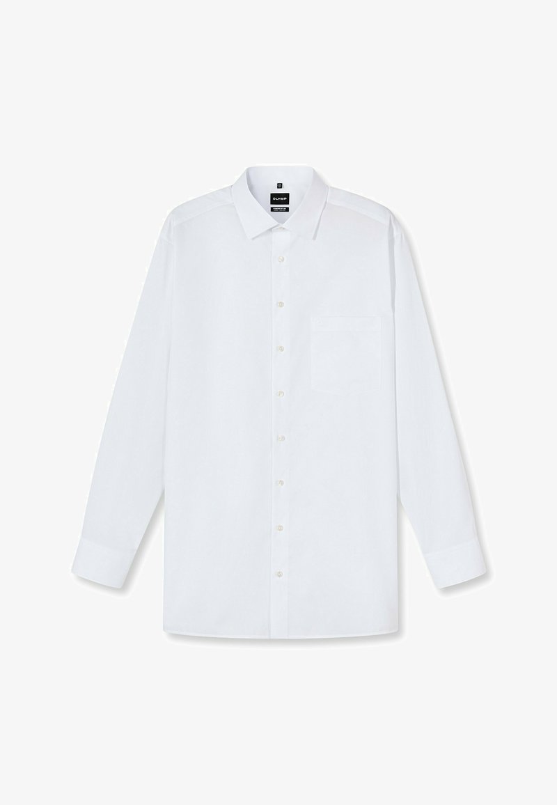 Weißes Langarmhemd, mit Knopfleiste, Kragen, einer Brusttasche, aus glattem Stoff, mit subtiler Textur und klassischem Stil.