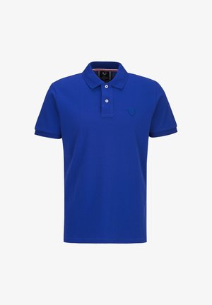 Herren-Poloshirt mit kurzen Ärmeln in königsblau, mit zwei weißen Knöpfen und einem kleinen gestickten Logo auf der linken Brust.