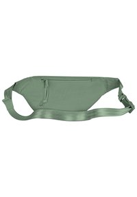 Borsa a fanny pack verde chiaro a forma rettangolare, realizzata in tessuto testurizzato, con una tracolla regolabile e una tasca frontale con zip.