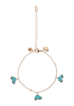 Brățară delicată din lanț de aur cu trei talismane mici în formă de mașinuțe turcoaz și închizătoare lobster cu lanț reglabil.